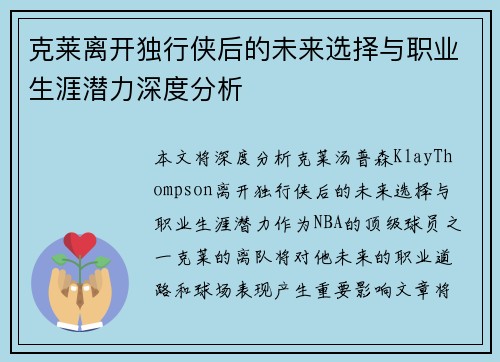 克莱离开独行侠后的未来选择与职业生涯潜力深度分析